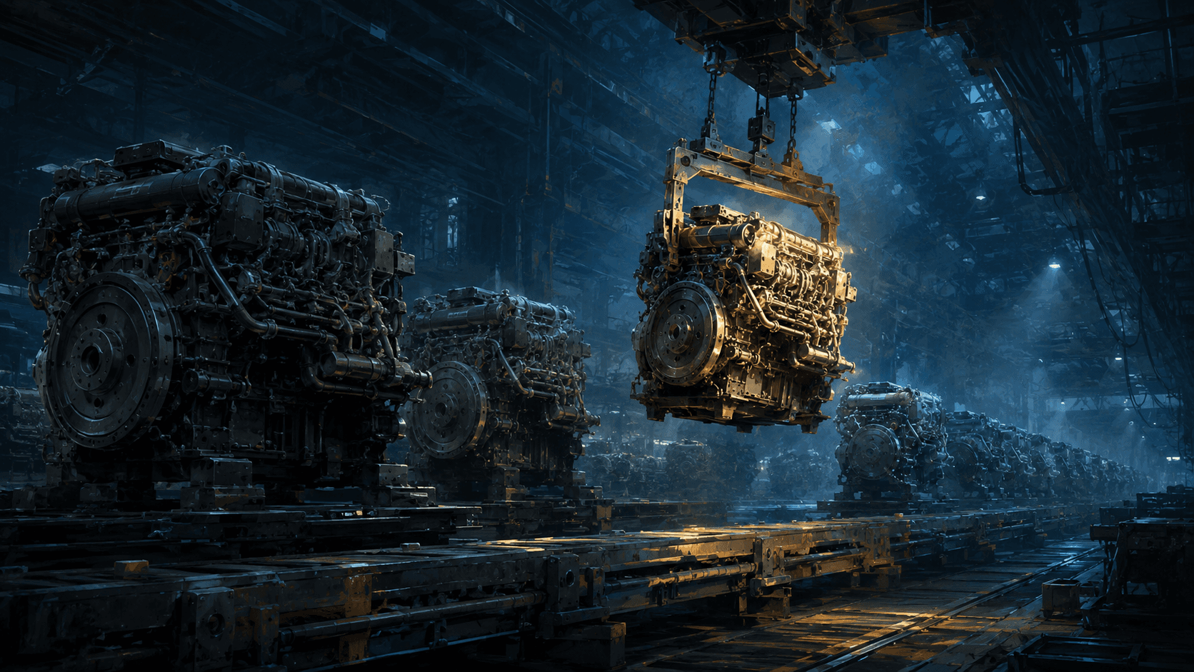 A row of engines on a factory line, one lifted out by a crane mid-shift while the line keeps moving — representing a model being swapped underneath a running system