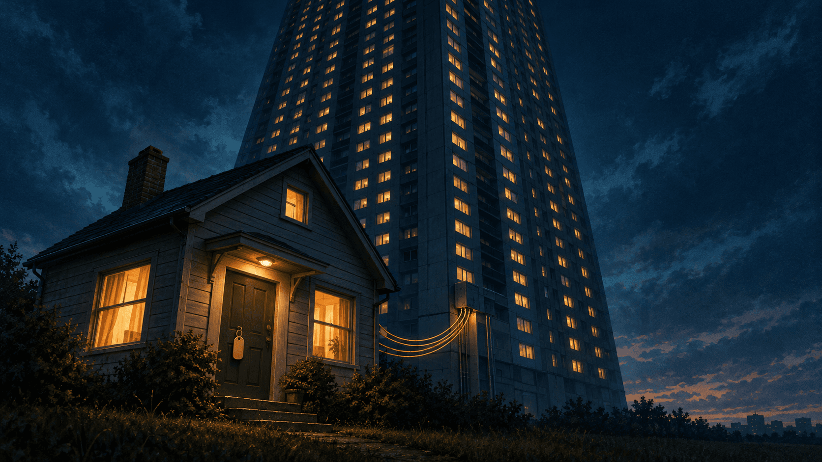 A small single-family house glowing warm at dusk beneath a towering apartment block, a brass landlord's key tag hanging on its front door and a few lit cables running from the house to the tower, hinting that the person inside is renting, not owning