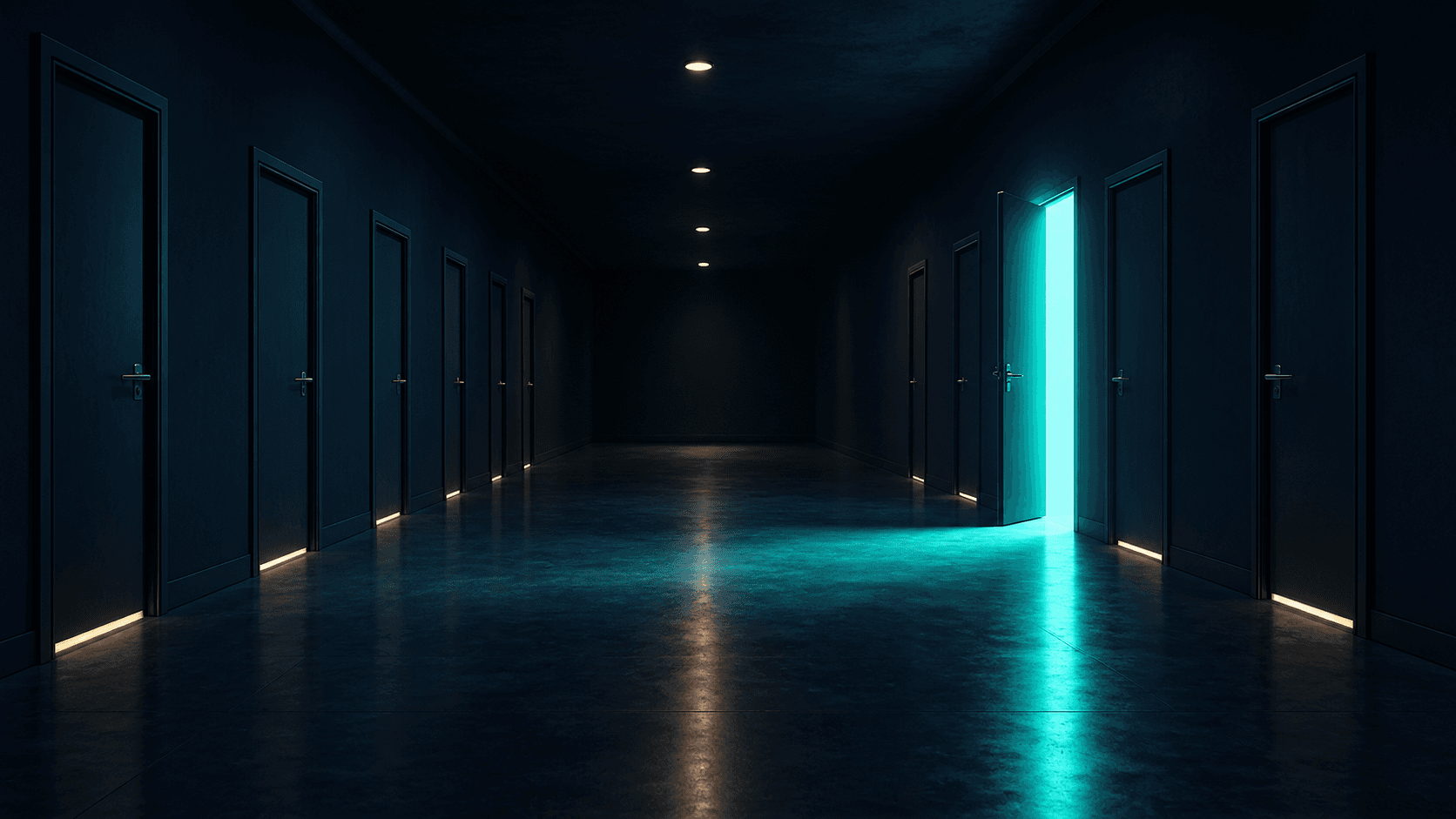 A single unlocked door standing open in a long row of identical closed doors down a dim office corridor, each door representing an AI agent with its own level of access