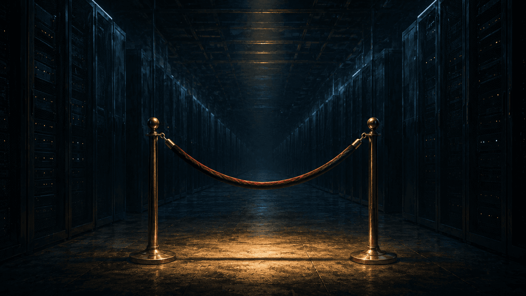 A brass stanchion and velvet rope barrier blocking the entrance to a long, dark corridor of server racks that fades into the distance, a single dim spotlight overhead