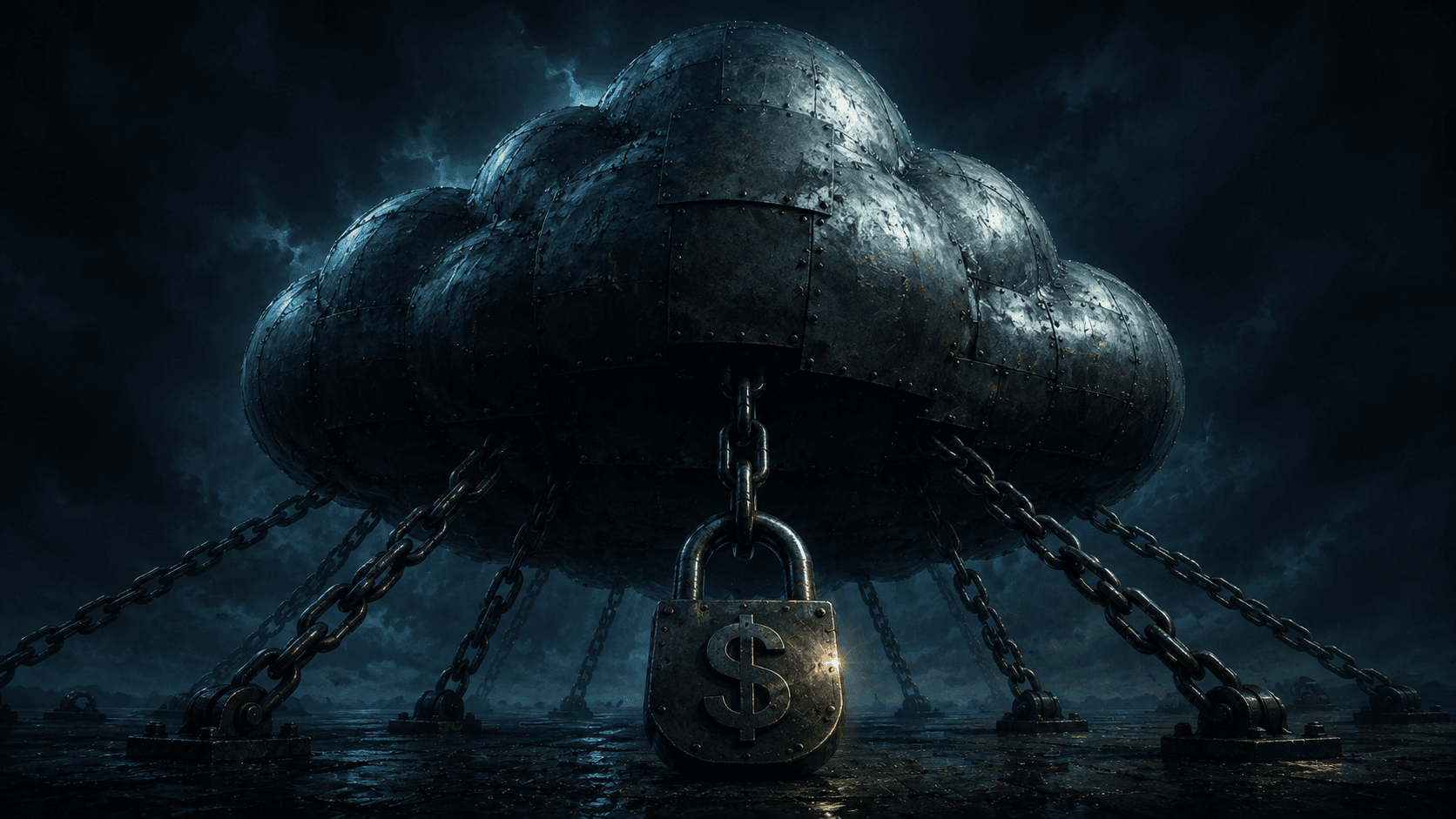 A heavy vault-style cloud icon chained to the ground, with a single padlock labeled with a dollar sign — conveying the cost of leaving, not the cost of going down