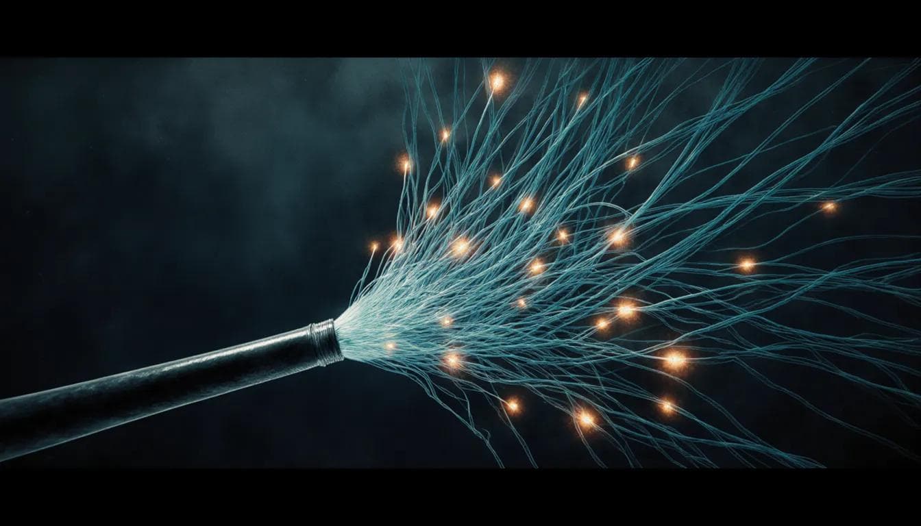 A spool of tangled, branching cables stretching off into the distance, suggesting a software dependency tree too large to inventory by hand.