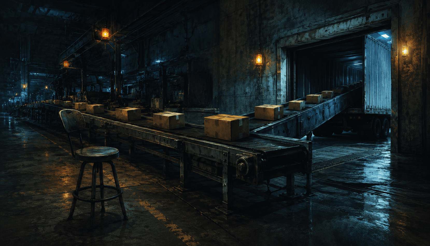A factory floor where the conveyor belt feeds finished boxes directly into the customer's loading dock — no quality inspector in between. Cool slate-blue palette, dim warning lights overhead, a single empty inspector's stool in the foreground.