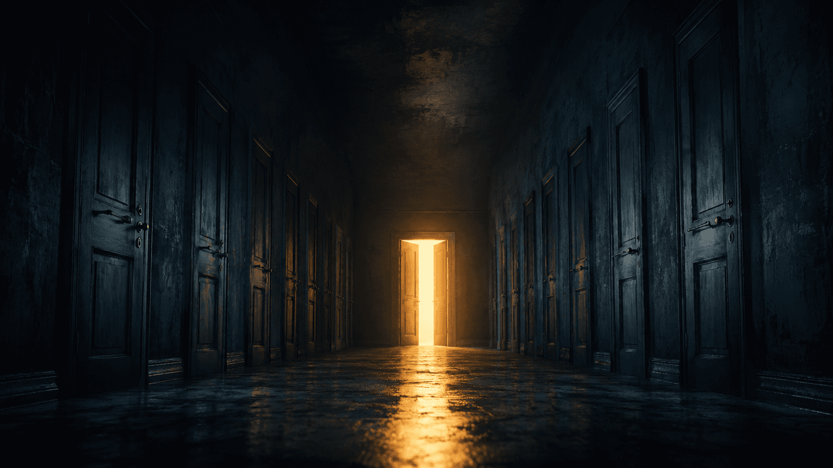 A single illuminated doorway in a dark wall of identical locked doors, light spilling out from the one that stands open while the rest stay sealed.
