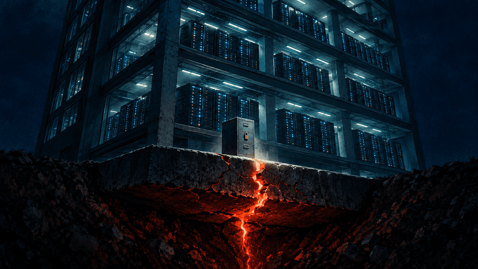 A cutaway of an office building at night with every floor lit and busy, while the concrete slab beneath the ground floor is cracked through and glowing red; a small filing cabinet labeled as the backup sits on that same cracked slab