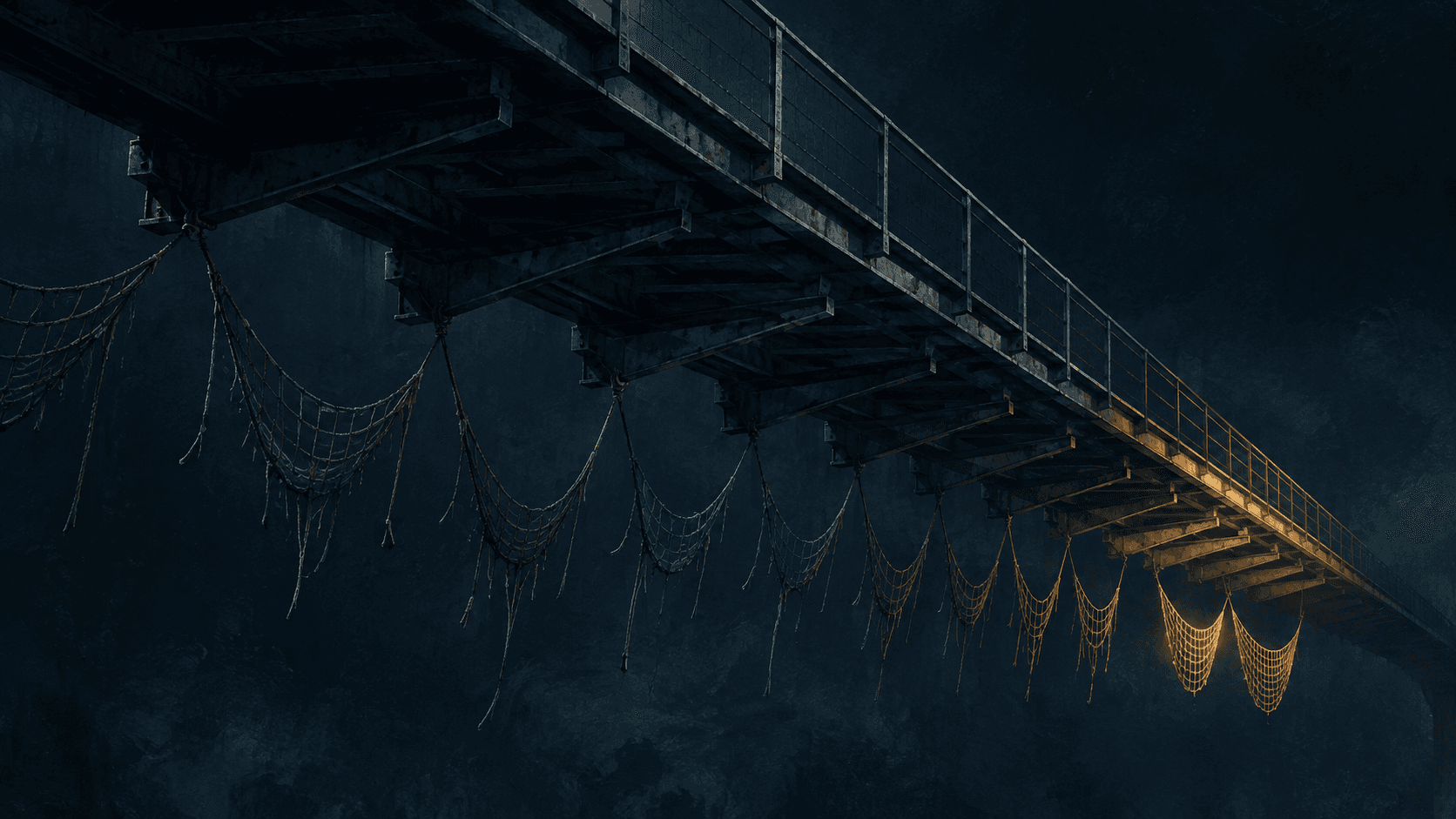 A steel footbridge seen from below against deep blue darkness, rows of safety nets hanging in slack swags beneath its span; most are frayed and ruined with loose strands trailing into shadow, while a cluster near the far end remains whole and lit warm gold